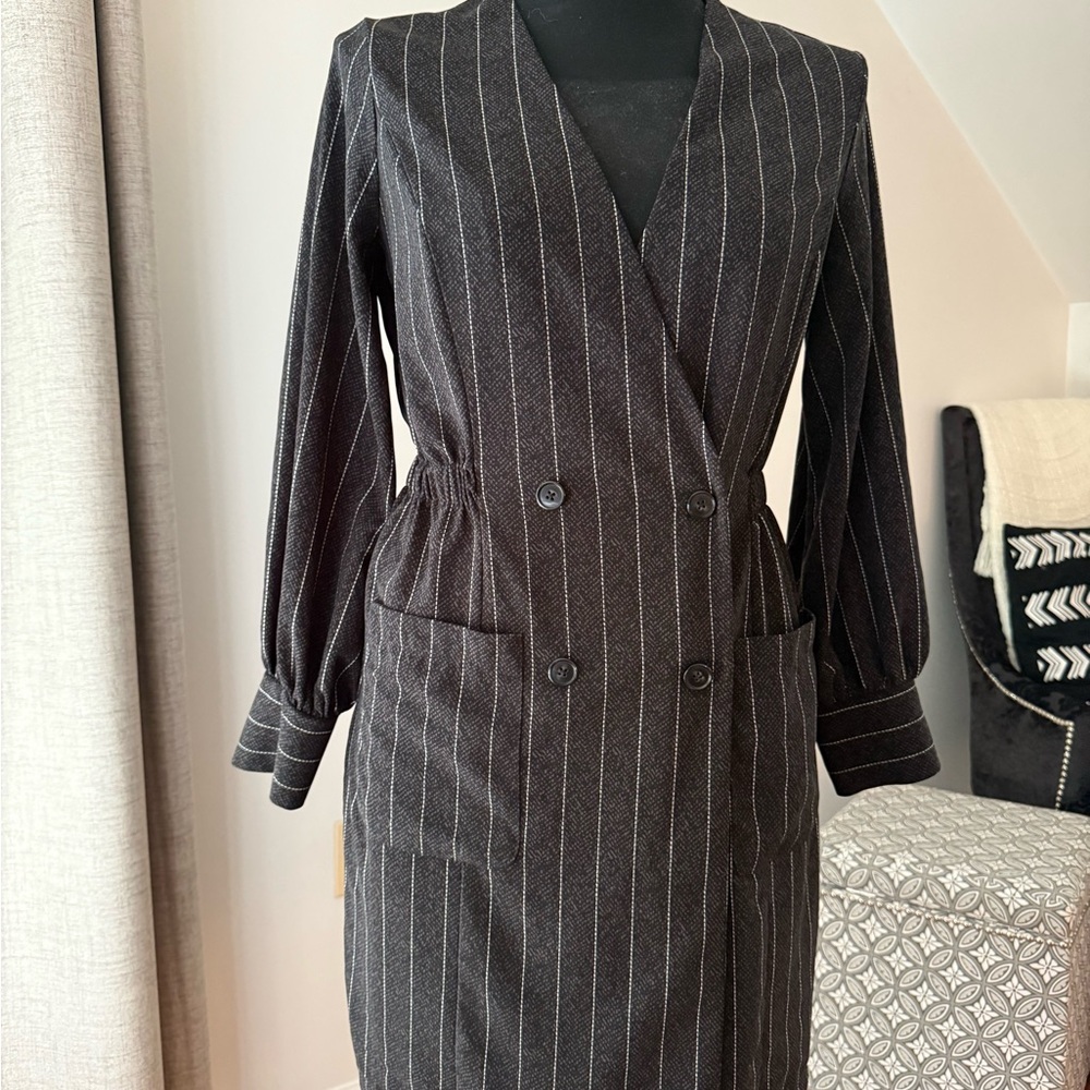 Black Pinstripe Double-Breasted Blazer Dress